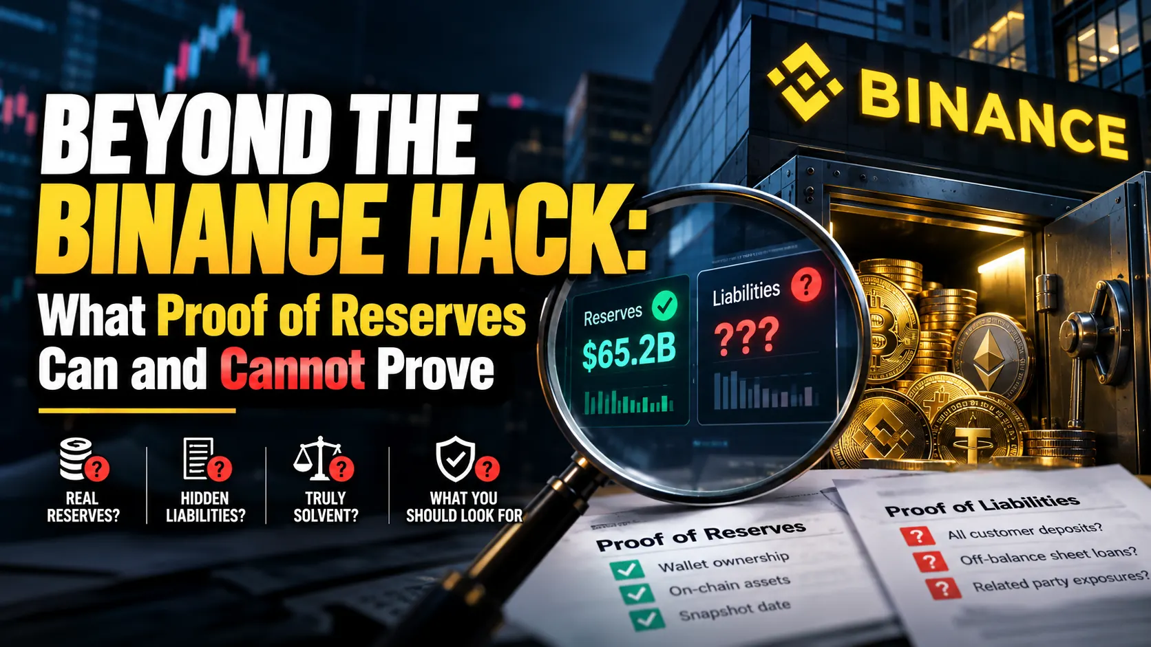 Illustration titled Beyond the Binance Hack: What Proof of Reserves Can and Cannot Prove. A magnifying glass shows a reserves panel with a tick and a liabilities panel with question marks, in front of an open vault of coins beneath a Binance sign, with checklists headed Proof of Reserves and Proof of Liabilities