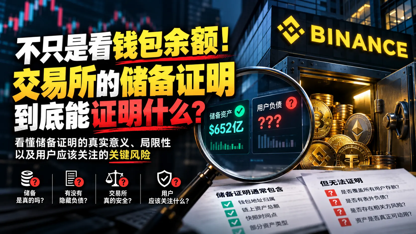 插图，标题为“不只是看钱包余额！交易所的储备证明到底能证明什么？”。放大镜下是打勾的储备资产面板和标有问号的用户负债面板，背后是币安标志下一座敞开、堆满硬币的金库，前方是分别题为“储备证明通常包含”和“但无法证明”的清单