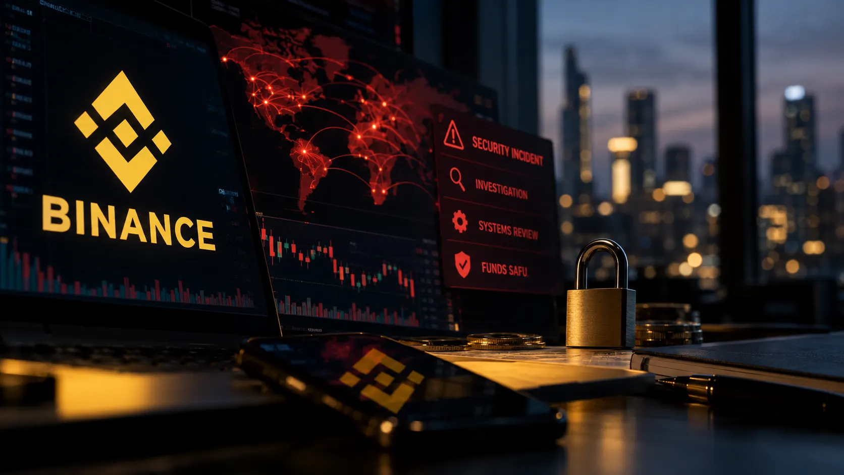 Illustration of a dark trading desk at night: a laptop showing the Binance logo, a world map of red network connections, an alert panel reading Security incident, Investigation, Systems review and Funds SAFU, and a brass padlock beside a city skyline