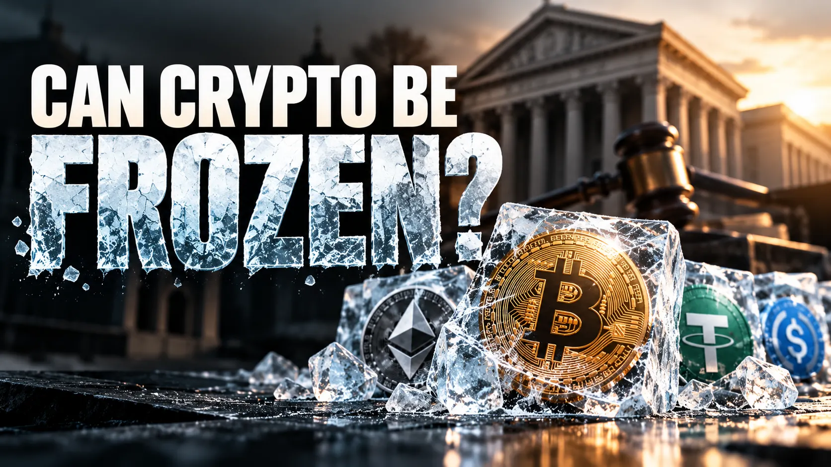 Illustration titled Can Crypto Be Frozen? Ethereum, Bitcoin, Tether and USDC coins encased in blocks of ice, with a judge's gavel and a classical courthouse behind them