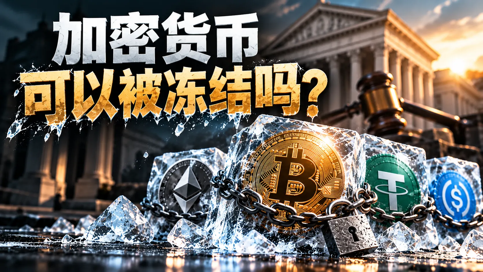 插图，标题为“加密货币可以被冻结吗？”。以太坊、比特币、泰达币和 USDC 硬币被封在冰块中并以铁链和挂锁锁住，背后是法槌和一座古典风格的法院建筑