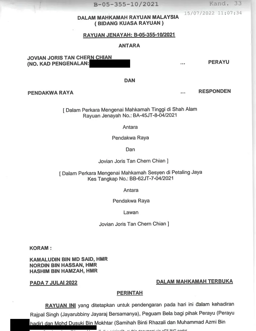 Order of the Court of Appeal, page 1 of 2: Criminal Appeal No. B-05-355-10/2021, Jovian Joris Tan Chern Chian (appellant) and the Public Prosecutor (respondent), heard in open court on 7 July 2022 before Kamaludin Md Said, Nordin Hassan and Hashim Hamzah JJCA. Identity card number and e-filing codes redacted.