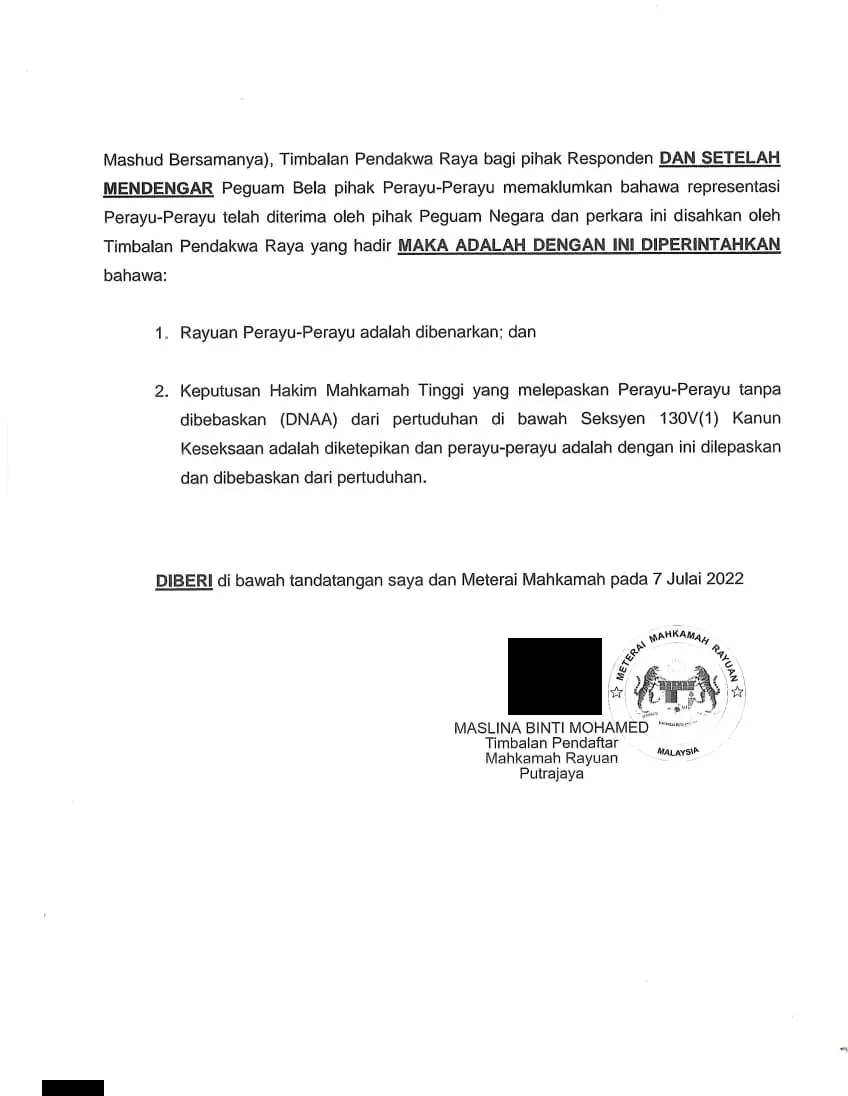 Order of the Court of Appeal, page 2 of 2: the appeal is allowed, the High Court’s discharge not amounting to an acquittal under section 130V(1) of the Penal Code is set aside, and the appellants are acquitted and discharged. Given under the seal of the court on 7 July 2022 by the Deputy Registrar, Court of Appeal, Putrajaya. Signature and e-filing code redacted.